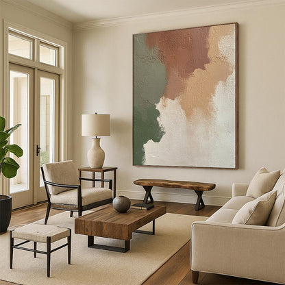 Contemporary abstract artwork featuring an irregular blend of beige, brown, and green on an off-white wall, perfect for modern decor. DLZ1197