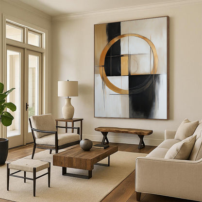 Contemporary hand-painted abstract art featuring shapes and lines in beige, white, black, grey, and gold with a prominent central circle. DLZ0893