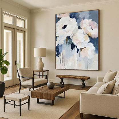 Contemporary abstract art featuring large brush strokes with light blue and white flowers such as peonies and roses accented by navy tones. DLZ0380