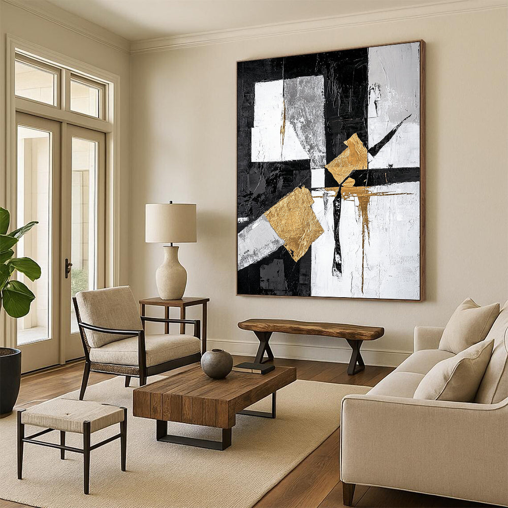 Black, White, Gray, Gold, Angular Shapes "Gilded Geometry" Abstract Minimalist Painting On Canvas HB062