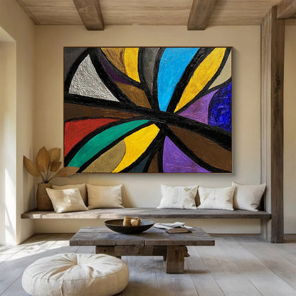 Colorful Geometric Abstract with Black Lines - Cubist - Inspired Painting On Canvas HB0495