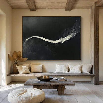 “White Stream on Black” - Bold white, deep black, Abstract Expressionist Painting On Canvas HB0608