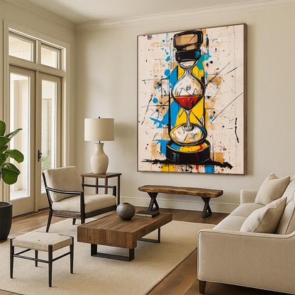Contemporary abstract art with vibrant colors geometric shapes features an hourglass and a whisky bottle harmoniously integrated in the striking composition. DLZ1090
