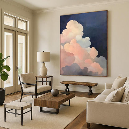Contemporary hand-painted abstract artwork featuring soft pink and dark blue clouds with atmospheric lighting inspired by Michael Pitcher's style. DLZ1412