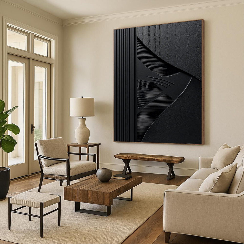 Contemporary abstract art features elegant embossed lines on a black background with balanced dark gray textures for a striking visual impact. DLZ1653