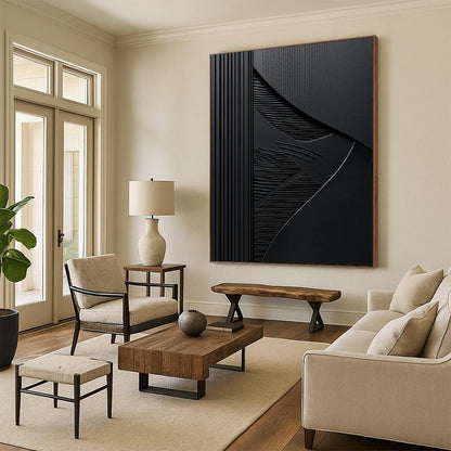 Contemporary abstract art features elegant embossed lines on a black background with balanced dark gray textures for a striking visual impact. DLZ1653