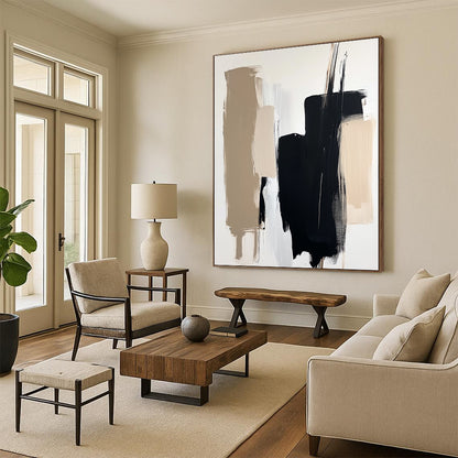 Contemporary abstract painting with minimalist composition showcasing black and beige brushstrokes on a white background featuring a blurred figure in soft lighting. DLZ0713