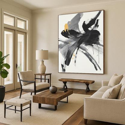 Black, Gray, Yellow and White Abstract Flower "Gilded Bloom" Painting On Canvas HB314