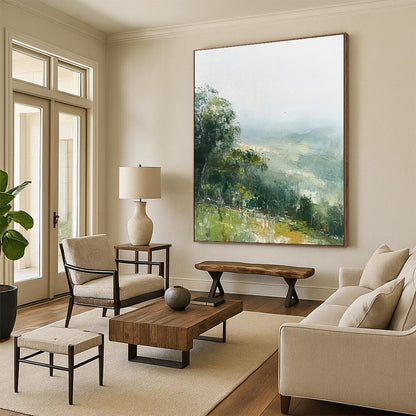 Contemporary abstract painting featuring tranquil green hills and soft mist in muted tones inspired by Richard Schmid artistry. DLZ0485