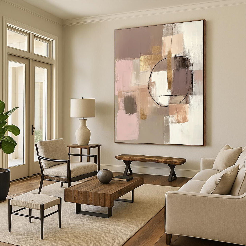 Contemporary hand-painted abstract artwork featuring beige and pink tones with geometric elements and gold accents in soft textures. DLZ0874