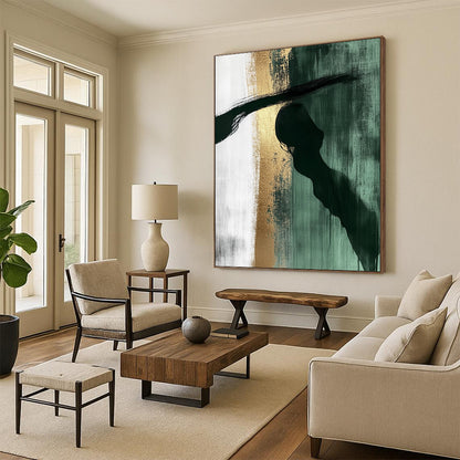 Abstract painting features dark green white gold hues with large brushstrokes a shadowy profile figure evokes calmness and contemplation in a textured watercolor style. DLZ1329