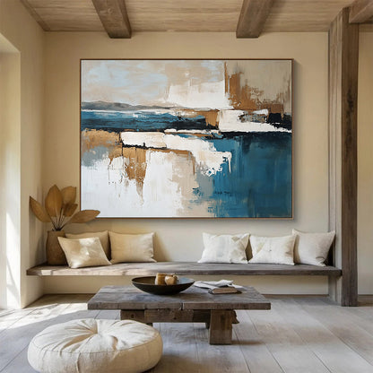 “Abstract Coastal Landscape” - Blue, Beige, White, Brown with Layered Forms - Painting On Canvas HB1384