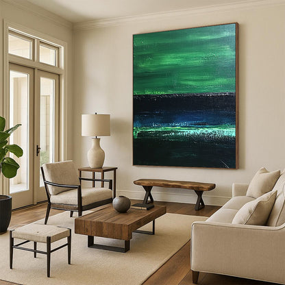 Contemporary abstract painting features textured dark greens and a serene emerald band, evoking calmness reminiscent of dimly lit water reflections. DLZ1242