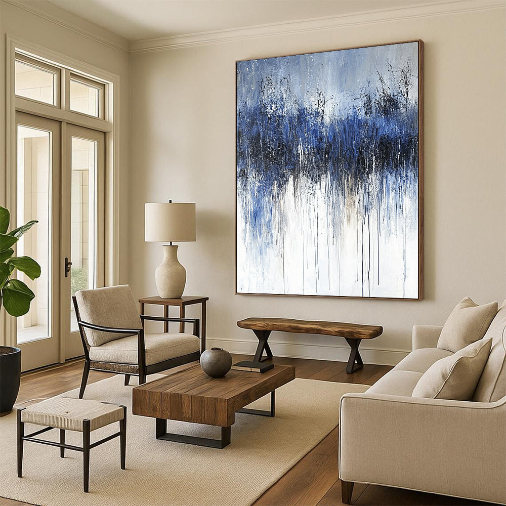 Contemporary abstract painting featuring thick brushstrokes and a cold palette of dark gray and navy blue, evoking feelings of sadness and solitude. DLZ0666