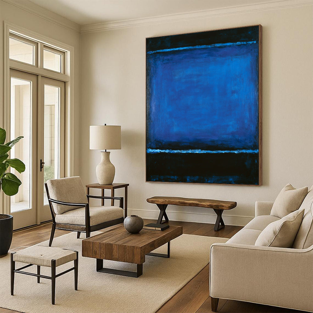 Contemporary hand-painted abstract artwork featuring deep blue and black hues inviting emotional reflection and creating an atmospheric meditative experience. DLZ1593