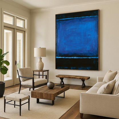 Contemporary hand-painted abstract artwork featuring deep blue and black hues inviting emotional reflection and creating an atmospheric meditative experience. DLZ1593