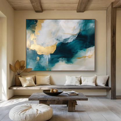 Teal, Gold, and White Fluid Dreams – Abstract Acrylic Flow Painting HB1467