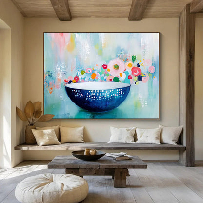 “Floral Bowl Still Life” - Blue, White, Colorful Flowers, Polka Dots, Pastel Background - Painting On Canvas HB1443