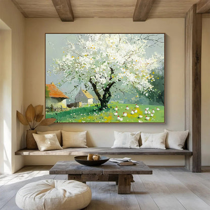 “Blossoming Tree & Farm Scene” - White blossoms, green field, farmhouses, Impressionist Landscape Painting On Canvas HB0597