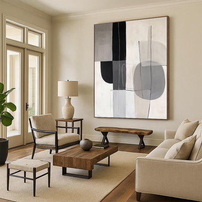 Contemporary hand-painted abstract artwork featuring gray, white, and black shapes that embody the elegance and simplicity of Japandi style. DLZ1050