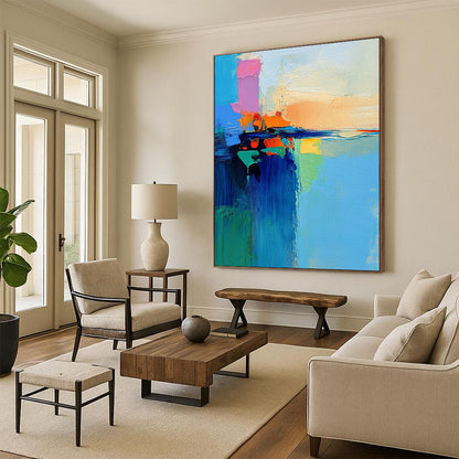 Contemporary abstract art featuring a vibrant lake and sky painted with a palette knife in dynamic brush strokes of blue green orange pink and yellow. DLZ0469