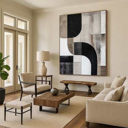 Contemporary abstract artwork features curved shapes and lines in cool grays with striking contrasts, creating a minimalist depth without any text. DLZ0856
