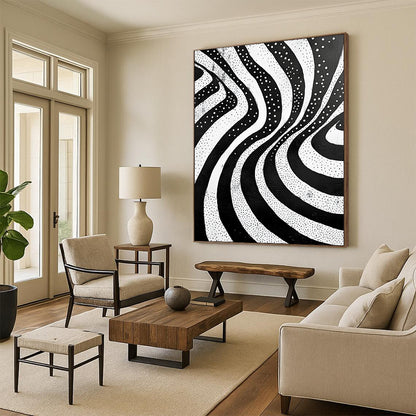 Black and White Wavy Dots "Rhythmic Flow" Painting On Canvas HB255