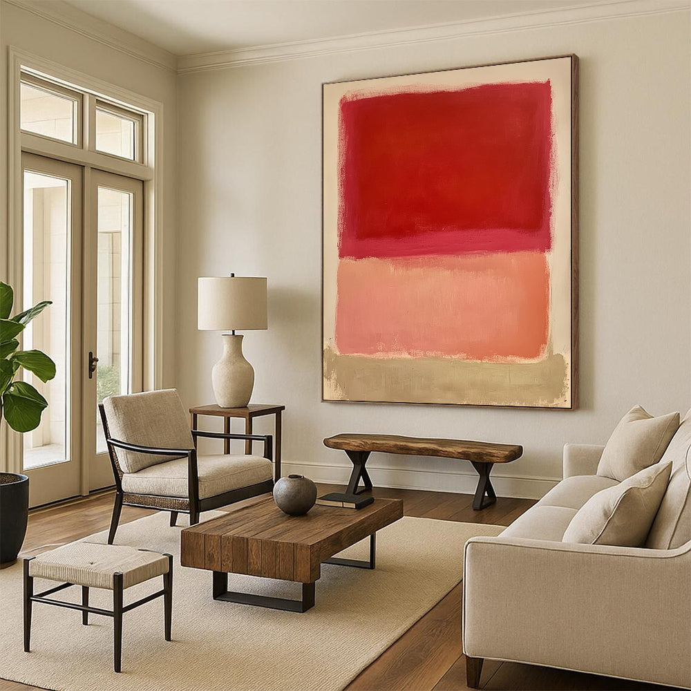 Large contemporary hand-painted abstract art featuring a red square pink rectangle and peach shape on a white background. Soft edges and flat appearance. DLZ1387