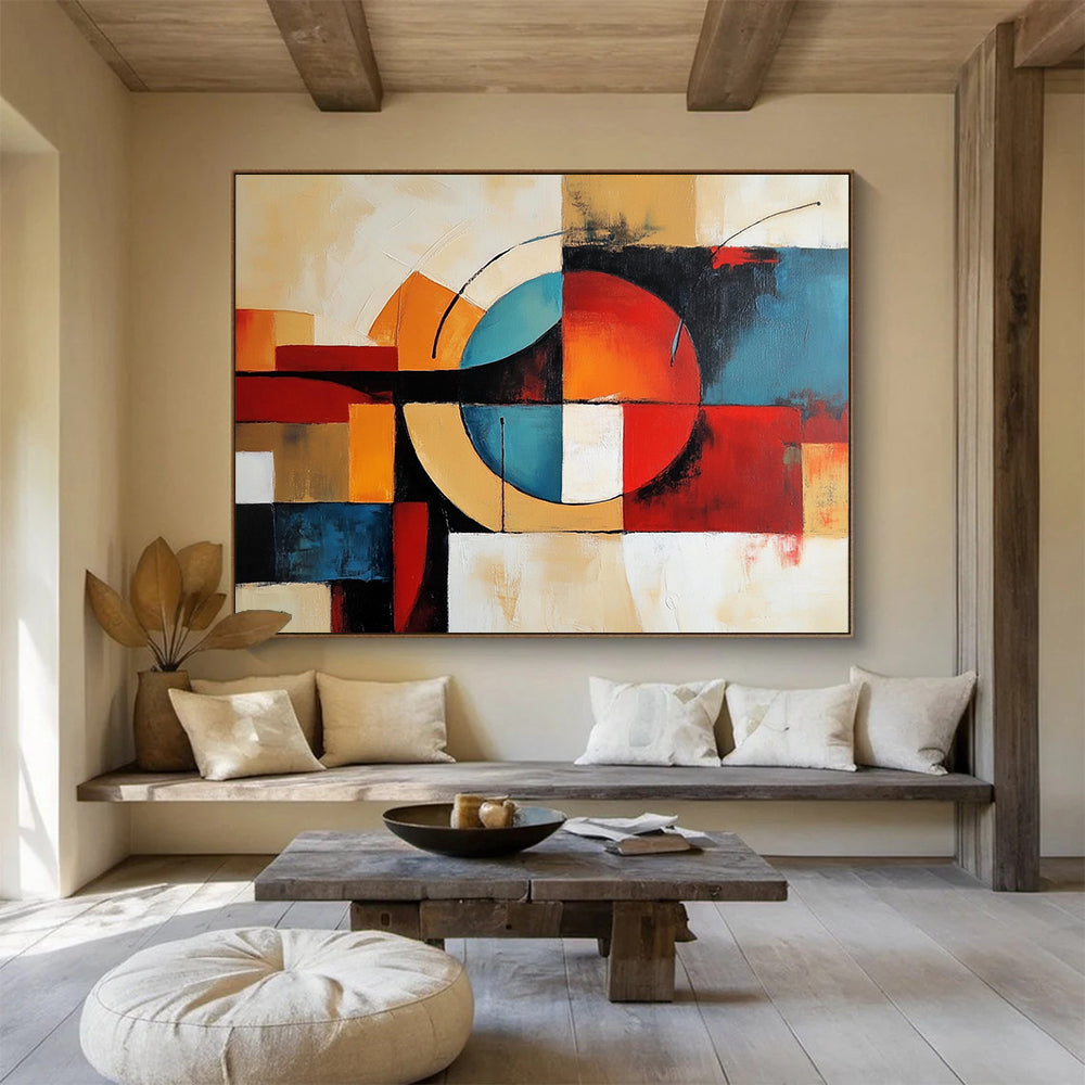 “Geometric Abstract Composition” - Red, blue, orange, beige, white; Geometric abstract shapes and lines; Acrylic Painting On Canvas HB1241