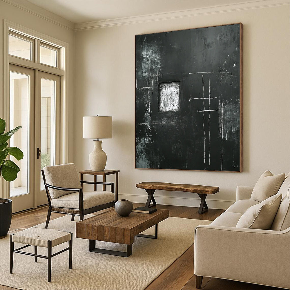 Contemporary abstract art featuring a black wall with eerie white chalk drawings of a cross and window with a central space for personal expression. DLZ1150