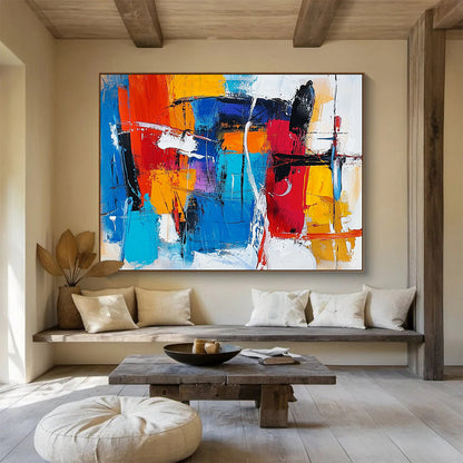 “Vibrant Abstract Expressionist” - Red, blue, yellow, orange, white; Bold abstract expressionist brushstrokes; Acrylic Painting On Canvas HB1239