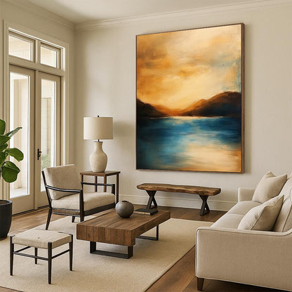 Contemporary abstract painting featuring a serene ocean sunset with soft colors blurred edges tranquil atmosphere and harmonious warm tones. DLZ1111