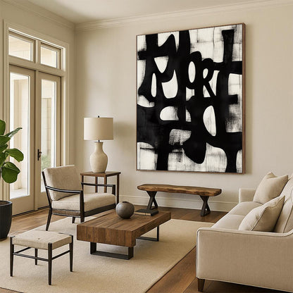 Large contemporary abstract art features bold brush strokes of "MORE" in dynamic Chinese calligraphy style set against a unique geometric background. DLZ1145