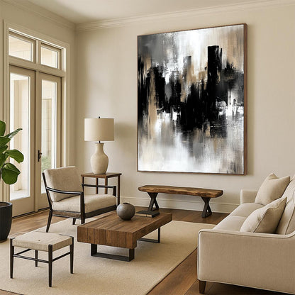 Contemporary hand-painted abstract art featuring a gray and black industrial cityscape with soft edges and loose brushstrokes in muted tones. DLZ0707