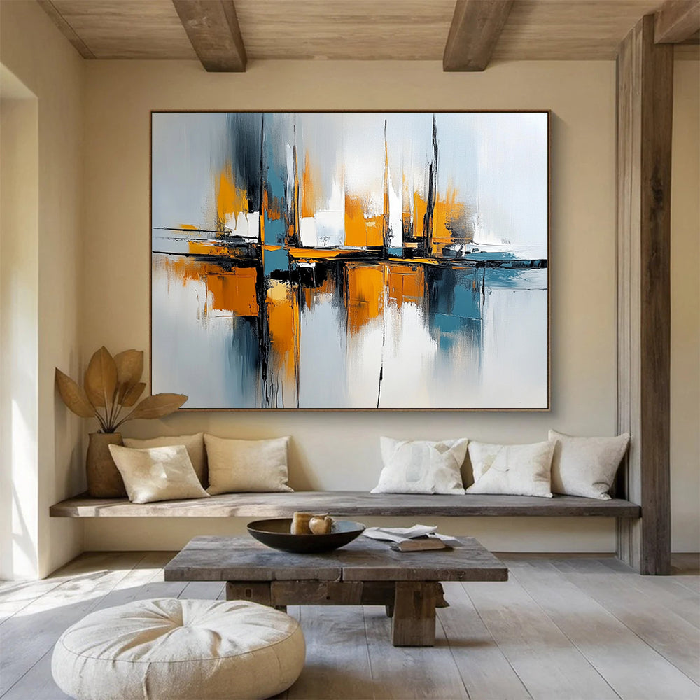 “Harbor Impressions” - Orange, Blue, Gray, Abstract Boats Painting On Canvas HB1038