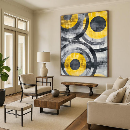 Gray, Black, Yellow and White Abstract Circles "Energetic Orbits" Painting On Canvas HB380