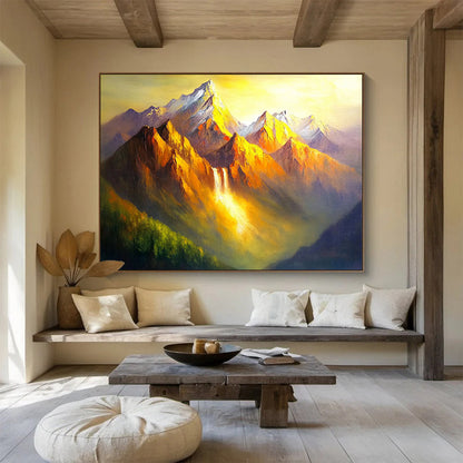 “Golden Mountain Waterfall” - Oranges, Yellows, Greens, Mountain with Waterfall in Golden Light - Dramatic Oil Painting HB1712