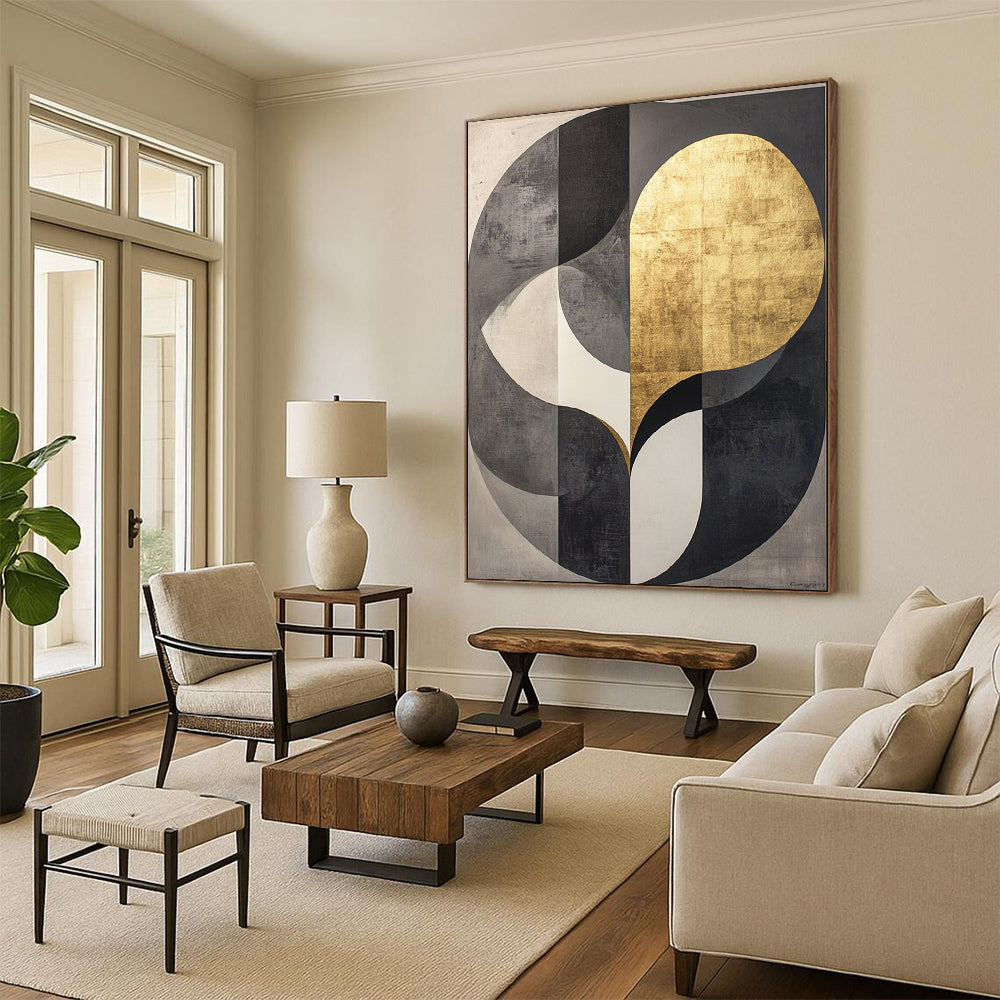 Black, Gray, White, Gold, Intertwined Circles "Gilded Unity" Abstract Cubist - Inspired Painting On Canvas HB117