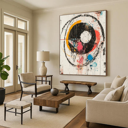 Colorful Circular Splashes with Black Rings - “Vibrant Chaos Orbit” Painting On Canvas HB181