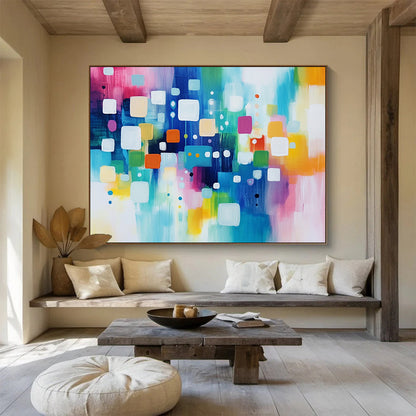 “Cheerful Colorful Geometric Squares and Circles” - Pink, blue, green, yellow, white; Abstract geometric squares and circles; Acrylic Painting On Canvas HB1235