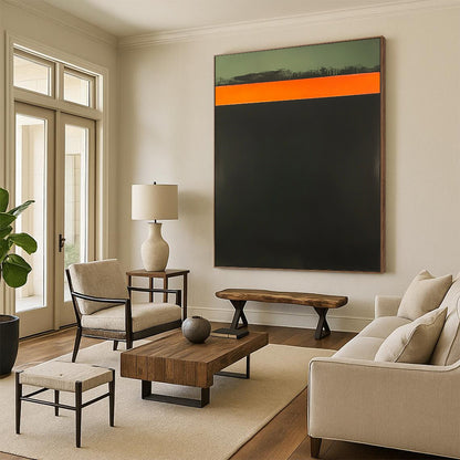 Contemporary abstract art features a bold orange strip atop a dark green background showcasing elegant simplicity and striking color contrast. DLZ1634