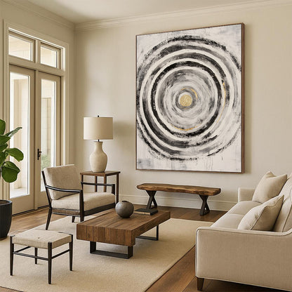 Black, White, Gray and Gold Concentric Circles "Energetic Vortex" Painting On Canvas HB381