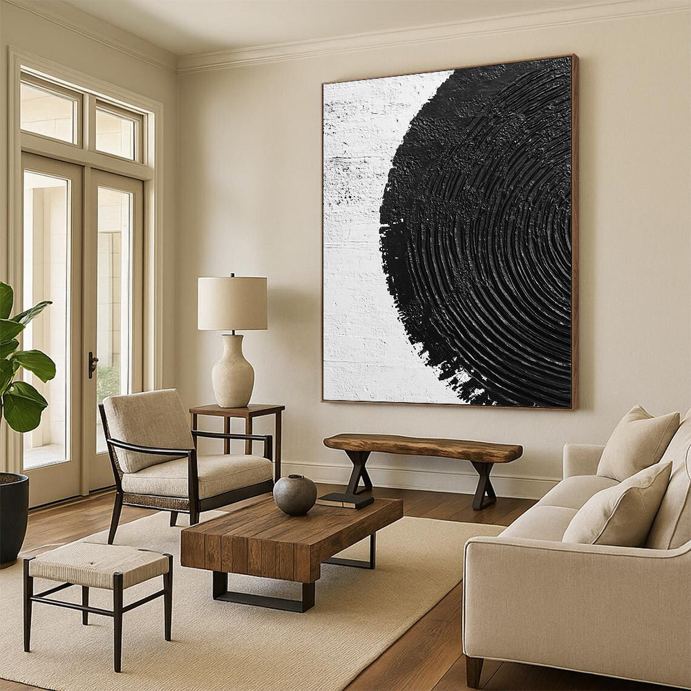 Contemporary abstract painting featuring textured circles and serene ripples, creating a calming visual experience on a pure white backdrop. DLZ1550