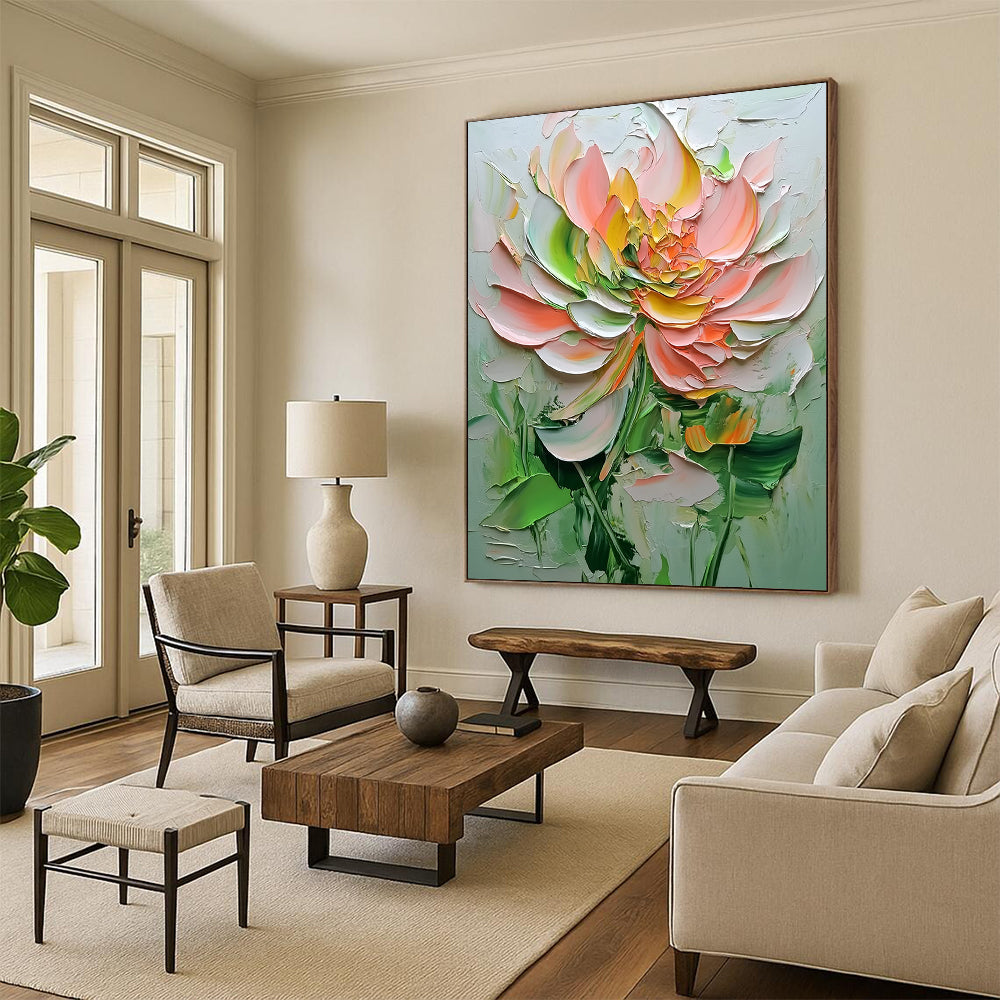 Contemporary abstract painting showcases textured flowers in pink and green hues against a white background, highlighting delicate details and depth. DLZ1667