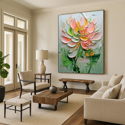 Contemporary abstract painting showcases textured flowers in pink and green hues against a white background, highlighting delicate details and depth. DLZ1667