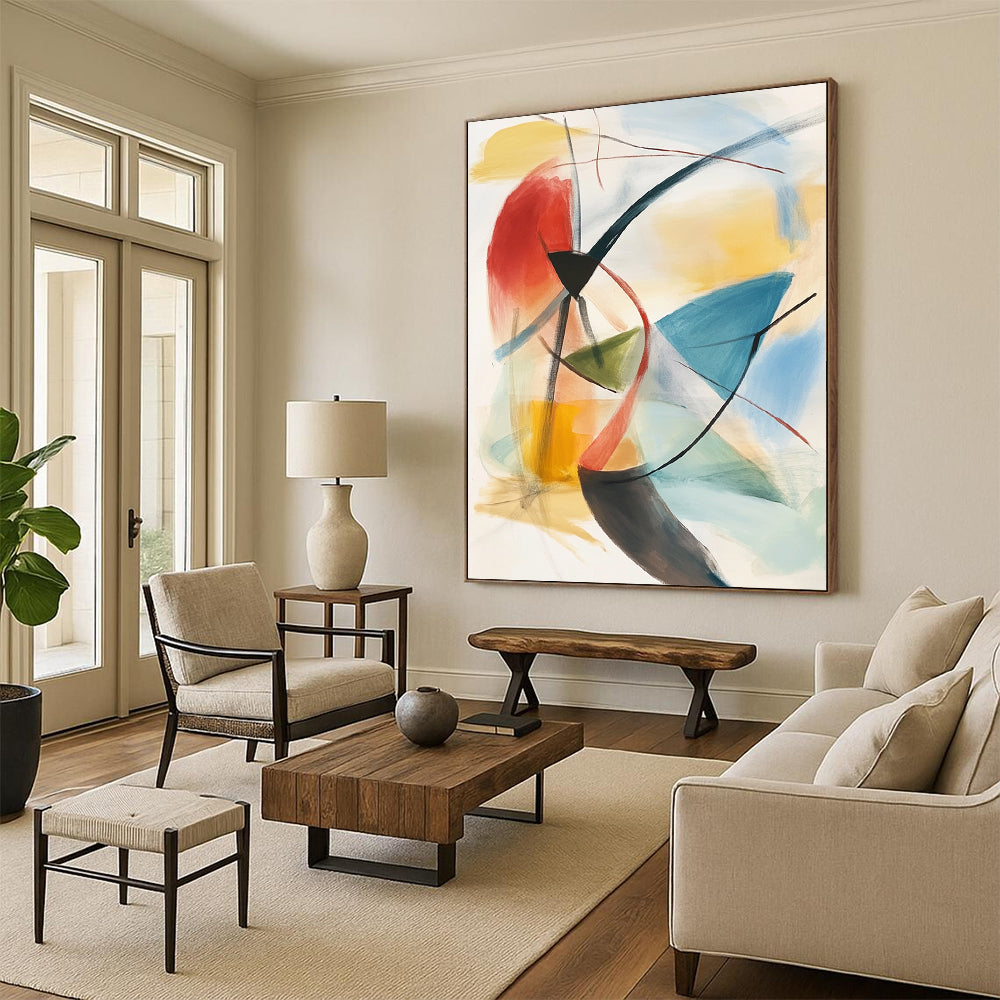 Contemporary hand-painted abstract artwork features soft pastels and geometric shapes with dynamic brushwork and layered depth for a striking visual experience. DLZ1393