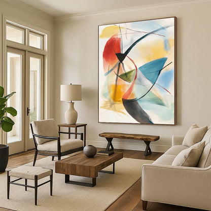 Contemporary hand-painted abstract artwork features soft pastels and geometric shapes with dynamic brushwork and layered depth for a striking visual experience. DLZ1393