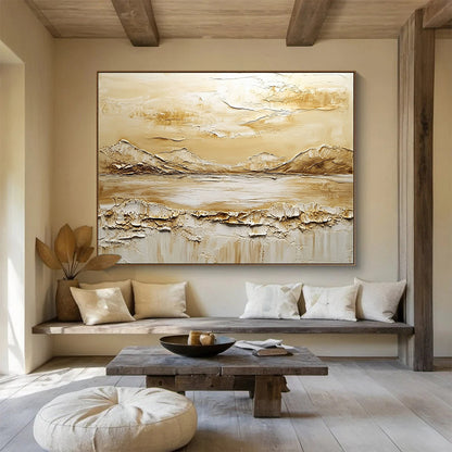 “Earthy Tones Textured Landscape” - Beige, Brown, White, 3D Mountain - Lake Abstract Painting On Canvas HB0982