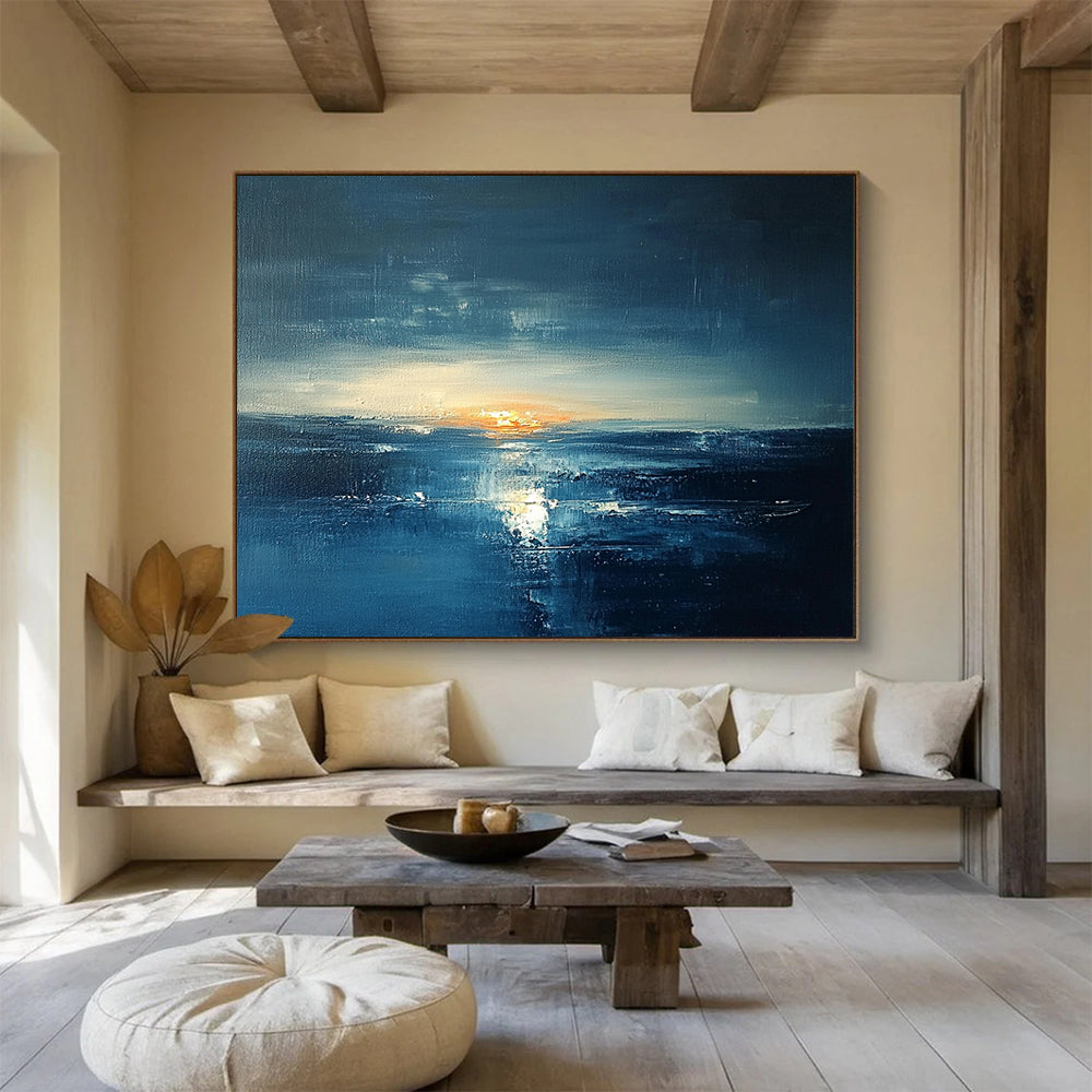 “Dark Blue Sunset Seascape” - Dark Blue, Orange, White, Dramatic Seascape Painting On Canvas HB1012