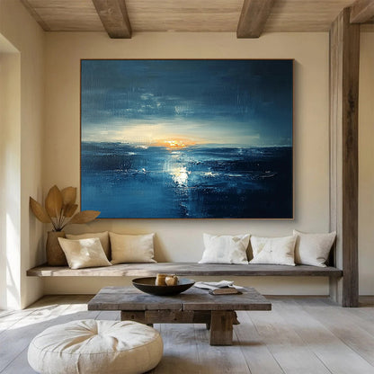 “Dark Blue Sunset Seascape” - Dark Blue, Orange, White, Dramatic Seascape Painting On Canvas HB1012